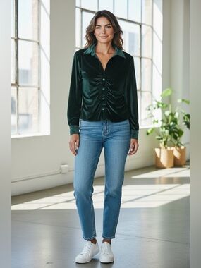 THML Emerald Green Velvet Ruched Button-Down Shirt